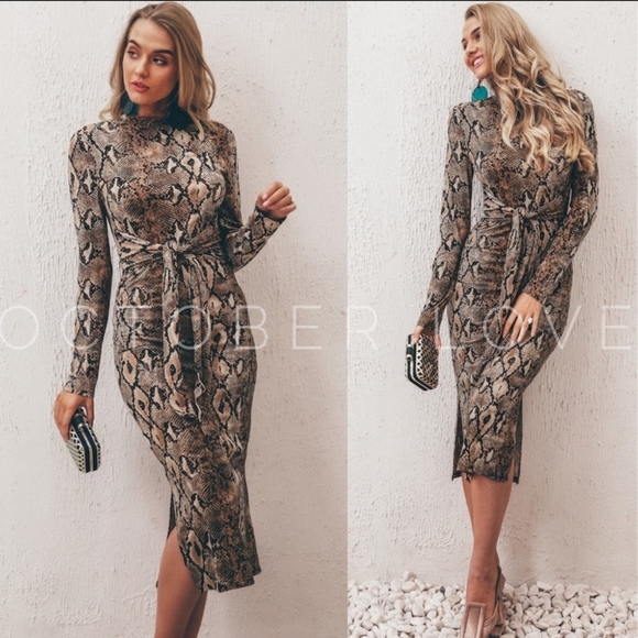 Snakeskin Bodycon Mock Neck Long Sleeved Dress - Picture 2 of 8